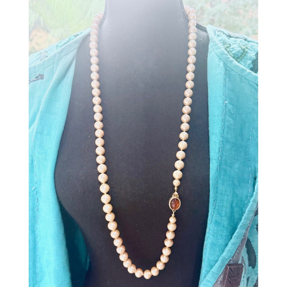 Carolee 36" Opera Length Faux Pearl Necklace Champagne Cream Amber Clasp
